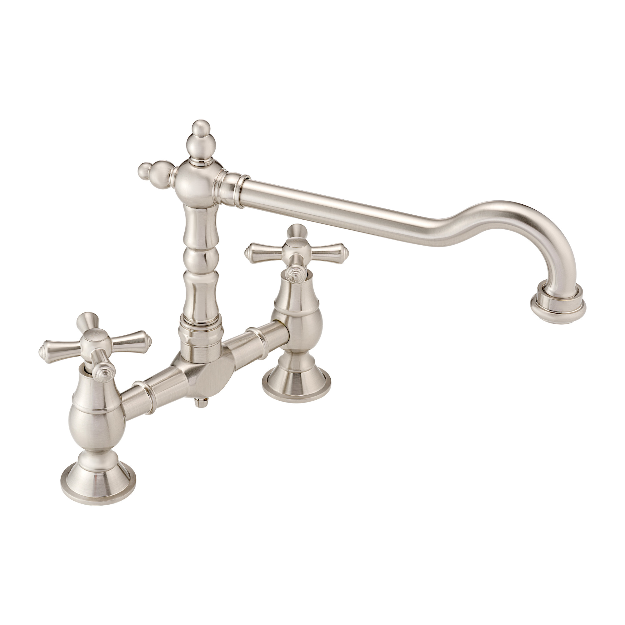 ENKI, Langley, KT115, Brushed Nickel, Traditional Bridge Kitchen Sink Mixer Tap for Basin, Brass Construction, with Twin Levers & Swivel Spout Perfect for Double Bowl Sinks, Compression Valves image